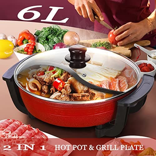 Pot de canard mandarin, Double Hot Pot, Fondue chinoise, Hot Pot électrique multifonctionnel antiadhésif domestique de 6L de grande capacité, Rouge.