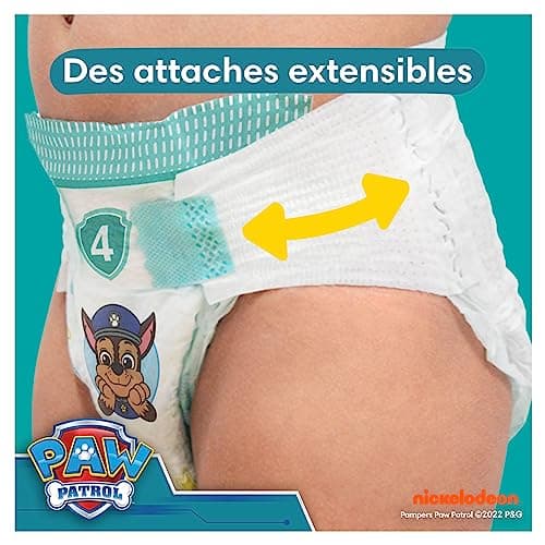 Pampers Baby-Dry, Taille 4, 222 Couches, 9-14kg, A La Rescousse Contre Les Fuites Grâce A Une Protection Intégrale Jusqu'à 12h, Edition Limitée avec La Pat’Patrouille, Pack 1 Mois