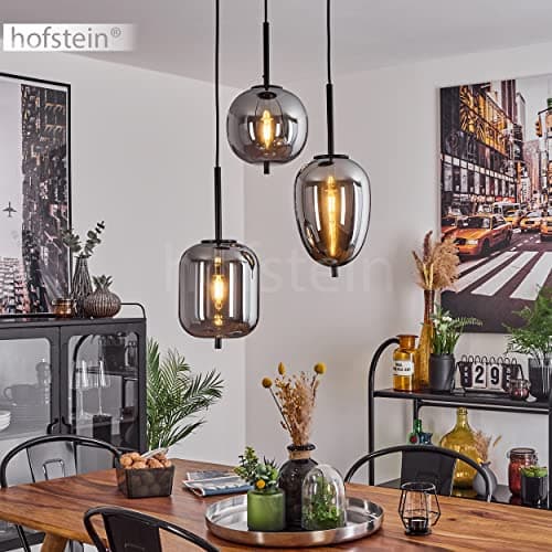 Suspension Verbania en verre chromé et métal noir, élégante lampe pendante moderne idéale dans un salon contemporain, hauteur max. 128 cm, pour 3 ampoules E14, ampoule(s) non incluse(s)