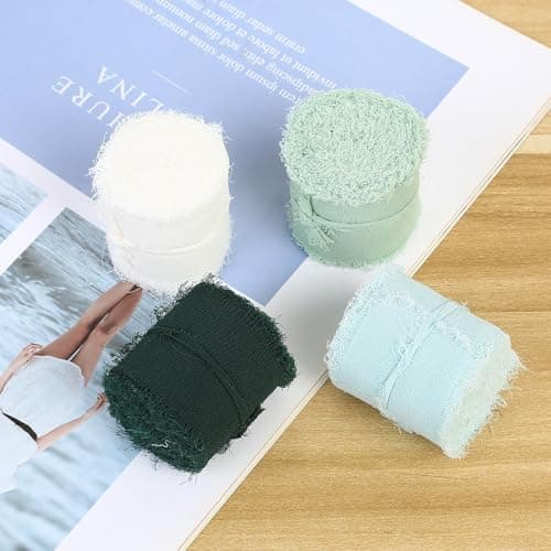 4 Rouleaux Ruban en Mousseline de Soie, 4 cm x 5 m Ruban de Soie Mousseline, Ruban Cadeau à Franges pour Décoration de Mariage Bouquet, Total 20 m, Abricot/Vert Clair/Vert Foncé/Bleu