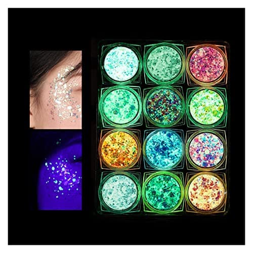 KUIRUNRX® Lumineuse Paillettes Gel,12 Couleurs Maquillage Paillettes Glitter,Holographique Paillettes Set,Paillettes de Corps,Fluorescent Paillette pour Visage,Corps, Cheveux,Mascarade,Halloween,Fête