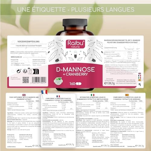 D-Mannose Raibu - Pur 2100 mg par Dose Quotidienne Fortement Dosée - 160 gélules, avec canneberge et vitamine C - D Mannose Végan, sans additifs & hautement biodisponible - Testé en laboratoire