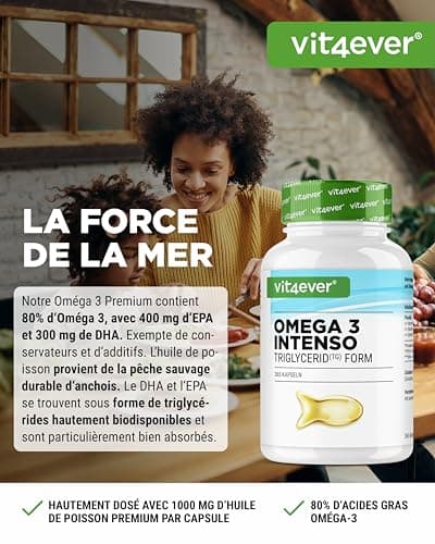 Premium Omega 3 Avec 80% D'Acides Gras - 365 Gélules - 1000 Mg D'Huile De Poisson Par Gélule Avec EPA & DHA - Forme Triglycéride - Purifié Avec Soin À Partir De Pêche Durable
