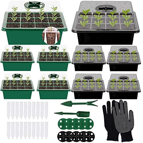 Shengou 10 Pièces Mini Serre pour Semis,Mini Serre pour Plantes,Kit Bac à Semis,Plantes Plateaux à graines avec,avec Outils de Jardinage et 20 étiquettes,Mini Plateau de Serre 12 Trous,Plateau Semis