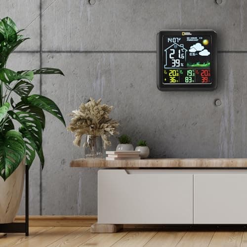 National Geographic Station Météo Couleur sans Fil avec Capteur Extérieur VA avec 4 Zones De Mesures pour Intérieur Ou Extérieur, Noir