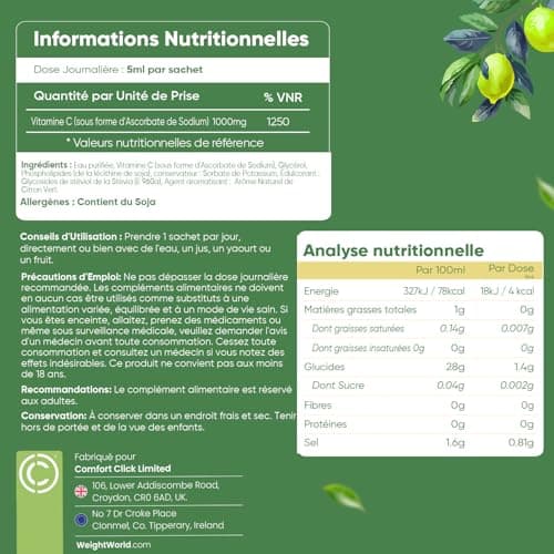 Vitamine C Liposomale 1000mg - 14 Sachets 5ml Vegan Goût Citron Vert Sans Sucre - Vitamine C Liquide Acide Ascorbique Haute Absorption & Dose - Vitamines Adultes Immunité, Antioxydant & Fatigue