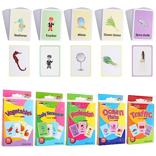 180 Cartes Flash pour Bébé, Cartes Animaux pour Enfants, Carte de Jouet d'apprentissage pour Promouvoir Le Vocabulaire (Nécessités Quotidiennes, Transport, Poisson Marin, spécialité, légumes)