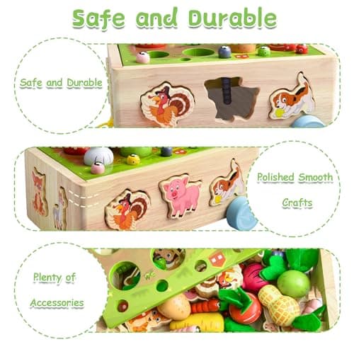 Achiyway Jouet Bebe 1 an, Jeux Enfant 1 2 3 Ans Garcon Fille 8 in 1 Jouet en Bois Montessori with Jeu de Peche, Reconnaître Animaux Légumes Formes, Cadeau Enfant (Voiture des Animaux)