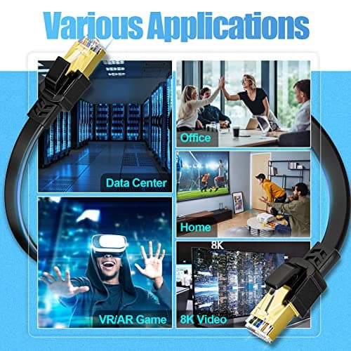 Cable Ethernet 15m Cat 8, Cable Réseau Blindé Plat, Haut Debit Gigabit 40Gbps 2000MHz, Cable RJ45 Gigabit Plat, Câble Internet Noir 15 Mètres, Cable LAN pour Modem Routeur