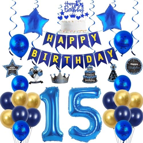ballons 15 ans anniversaire garcon décoration bleu or 15 ans garcon anniversaire ballon, Happy Birthday guirlande bannière bleu ballon anniversaire 15 ans garcon Décoration 15 ans garcon ballon or