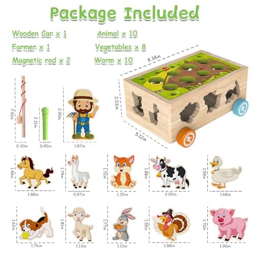 Achiyway Jouet Bebe 1 an, Jeux Enfant 1 2 3 Ans Garcon Fille 8 in 1 Jouet en Bois Montessori with Jeu de Peche, Reconnaître Animaux Légumes Formes, Cadeau Enfant (Voiture des Animaux)