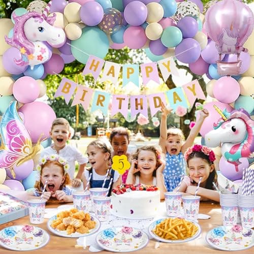 Decoration Anniversaire Licorne, 147 Pièces Assiettes Anniversaire Licorne Deco, Arche Ballon Banner Licorne Fille, Kit Anniversaire Licorne Assiettes Gobelets Serviettes Ballons pour Enfants Party