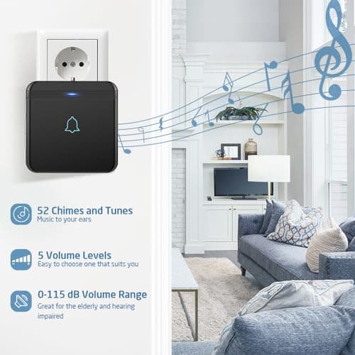 AVANTEK Sonnette sans Fil, Bouton de Sonnette, Carillon de Porte étanche IP55 avec 2 récepteurs enfichables, Flash LED, 5 Niveaux de Volume, 52 mélodies, portée de Fonctionnement de 400 m, Noir