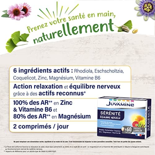 JUVAMINE - Sérénité - Équilibre Nerveux - Favorise La Relaxation et La Détente - A Base de Plantes et Minéraux - Magnésium, Vitamine B6, Rhodiola - 60 Comprimés - Fabriqué en France