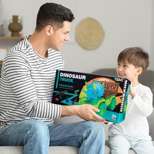 Jouet de Camion de Dinosaure pour Enfants de 3 à 5 Ans, Camion Transporteur de Voiture Triceratops avec 8 Figurines Dino, Tapis de Jeu de Dinosaure de Capture pour garçons