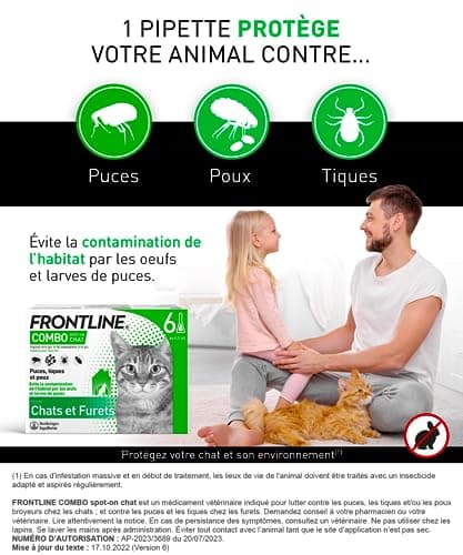 FRONTLINE Combo Chat - Anti Puces, Tiques & Poux broyeurs - Contre Larves & Œufs de puces - Elimine & Tue - Protège L'Animal & L'Habitat1 - Fabriqué En France - 6 Pipettes