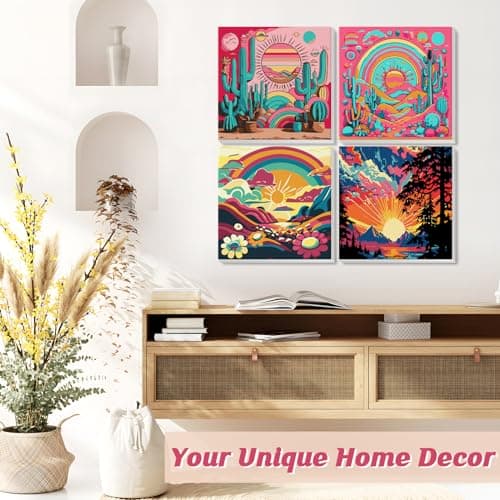 GHHKUD 4 Pack Paysage Peinture à Numéros Enfants Adultes Débutants, DIY Peinture Acrylique pour Adultes Enfants débutants Facile sur Toile avec peintures et pinceaux, Kits de Loisirs Créatifs 20×20cm