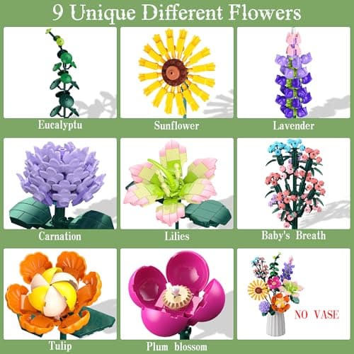 Kit de Construction Bouquet de Fleurs, 861 PCS Flowers Artificielles pour Bureau et Maison, 2024 Cadeau pour Enfants de 6+, Anniversaires, Fête des Mères, Saint-Valentin, Vacances de Noël