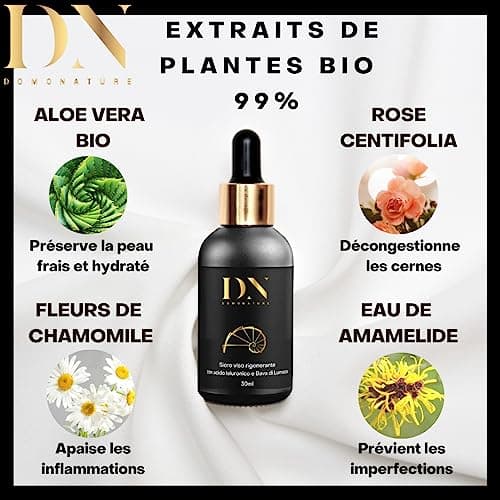 Bave d Escargot Visage pure, Serum Acide Hyaluronique pur 100% Bio, Creme Contour des yeux, Anti Rides Cerne pour Femme Homme, Hydratant Anti-Âge, Domonature 30ml