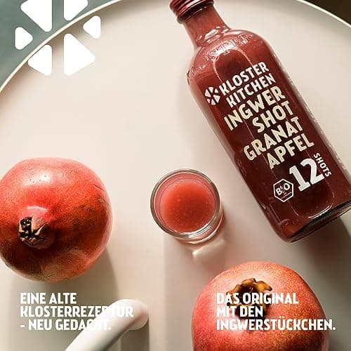 Kloster Kitchen Shot de Gingembre Bio Grenade 12SHOTS 360 ml avec morceaux de gingembre I vegan I bouteille en verre I doux-épicé sans additifs & (incl. 0,25€ consigne non consignée)