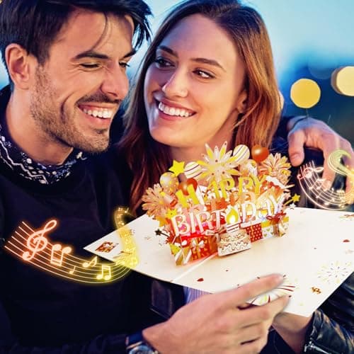 Shinybox Carte 3D Joyeux Anniversaire avec Lumières et Musique Blowable LED, Cartes D'anniversaire Pop-up 3D avec Enveloppe et Étiquette de Note pour Enfants, Femmes, Hommes, Épouse, Maman