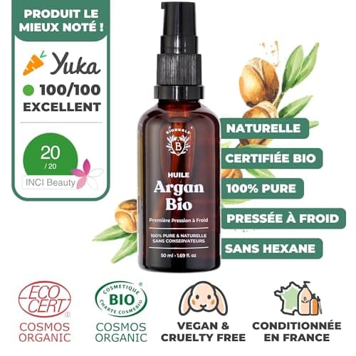 Bionoble Huile d'Argan Bio 50ml + Pipette et Pompe - Bouteille en Verre - 100% Pure, Naturelle, Pressée à Froid - Huile Argan Cheveux Visage Corps - Pure Organic Argan Oil, Huile dArgan Cheveux
