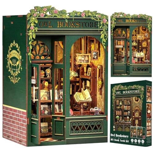 CUTEBEE Kit Book Nook - Maison Miniature à Monter soi-même - Maison de poupée - avec Housse de Protection Contre la poussière et lumière LED - Kit de modélisation pour Adultes(Owl Bookstore)