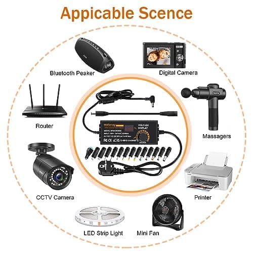 9~36V 4A 144W Adaptateur Alimentation Réglable, Adaptateur Secteur Universel Convertisseur, 100V-240V AC à DC 4A avec 14 Connecteurs, pour électroniques Ménagers 9V~36V et la Bande LED, 4000mA Max