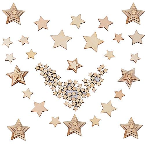 Lot de 300pcs 10+20+30+40mm Embellissement Etoile en Bois Naturel pour Nature Decoration de Table Mariage Confettis DIY Scrapbooking