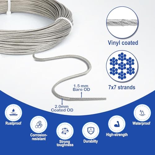TooTaci Corde en Acier Inoxydable à Suspendre Kit,30M/2mm Câble en Acier Inoxydable Revêtu avec M5 Tendeurs de Fil,Kit Cable Metallique 2mm pour Plantes Grimpante,Outdoor Suspension,Corde a linge