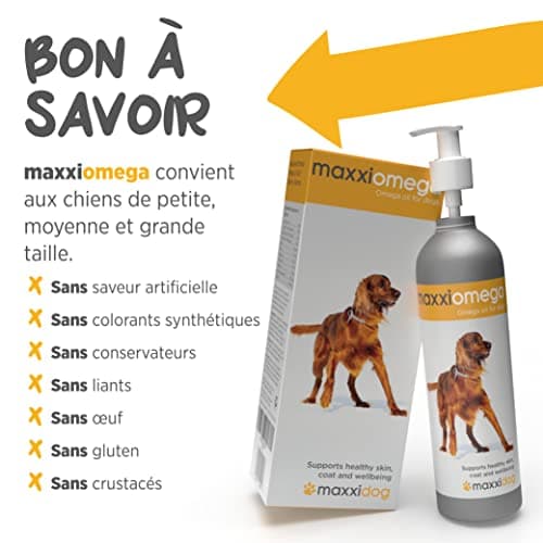 maxxipaws | maxxiomega | Huile Oméga Avancée pour Chiens | pour Une Peau Saine et Un Pelage Brillant | Pompe Facile à Utiliser | Oméga 3, 6 et 9 Plus Vitamines et Biotine | 296 ML