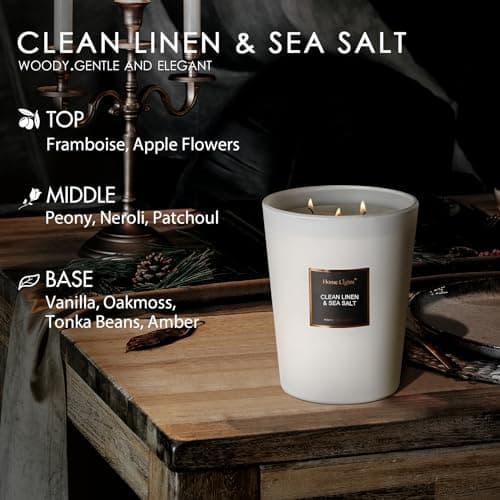 HomeLights Bougies parfumées en pot, bougies de soja naturel, 3 mèches en coton, sans fumée, longue durée de 130 heures, Lin propre et sel de mer