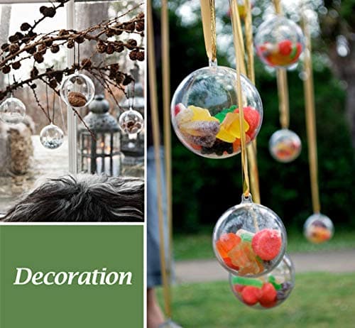 ilauke 20 Boules de Noël en Acrylique Transparentes avec Plumes,Fil de Perles,Flocons de Neige,Boule Plastique Transparent Acrylique Remplissable Boule pour Décoration Saisonnière,Mariage,Fête (80mm)