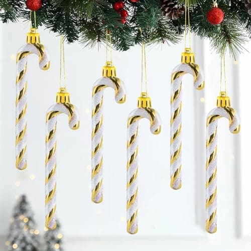Sucre d'orge Glitter de Noël,12 pcs Candy Cane Canne à Sucre Noel Déco, Bonbons de Canne Decoration Plastique avec des Cordes,Décoration à Suspendre pour Sapin de Noël,Scintillant Doré,13cm