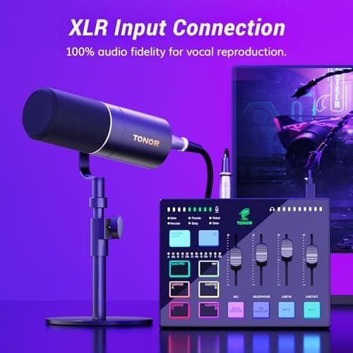 TONOR Ensemble D'équipements de Podcast, Interface Audio USB et Microphone Dynamique XLR, Kit de Podcast avec Mixeur audio RGB, Parfait pour L'enregistrement, La diffusion, Le streaming et Les Jeux
