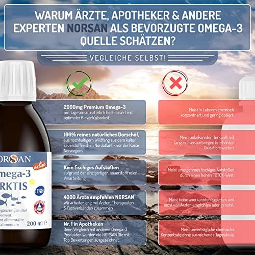 NORSAN Premium Omega 3 Huile de foie de morue de l'Arctique 200ml / 2000mg d' oméga-3 par dose journalière/huile de poisson 480mg EPA & 720mg DHA/oméga 3 huile issue de la pêche durable