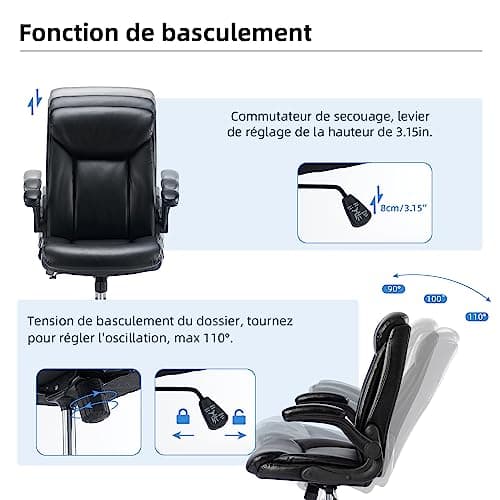 MZLEE Chaise de Bureau, Chaise Ergonomique en Cuir PU Pivotante avec Accoudoir Rabattable, Hauteur réglable, Confortable pour Les Jeux de Bureau à Domicile (Noir)