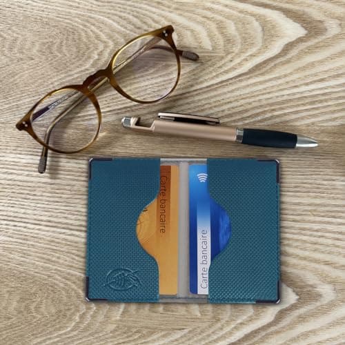 Color Pop® Etui 2 Cartes bancaires blindé (Anti-RFID) - Fabrication française - Protection des données bancaires (Bleu Pétrole - PVC Silver) - 9,7 x 6,5 x 0,5 cm