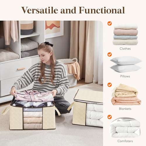 Lifewit Lot de 6 Sac Rangement Vetement 60L, Boite Rangement Déménagement Bac de Rangement pour Vêtements, Couvertures, Couettes, Caisse Rangement Pliable avec Poignée Renforcée, Beige
