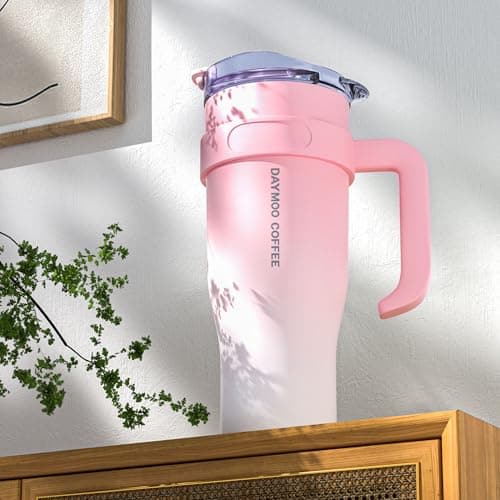 DAYMOO Mug isotherme avec paille et Poignée, Gobelet avec Paille et Couvercle, Tasse Thermos en Acier Inoxydable, Thermos Café Mug avec Couvercle, asse de Voyage Chaud ou Froid - 1.2 L, Rose Blanc