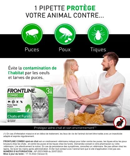 FRONTLINE Combo Chat - Anti Puces, Tiques & Poux - Contre Larves & Oeufs - Elimine & Tue - Protège L'Animal & L'Habitat - Jusqu'à 4 Semaines - Fabriqué En France - 3 Pipettes Application Spot On