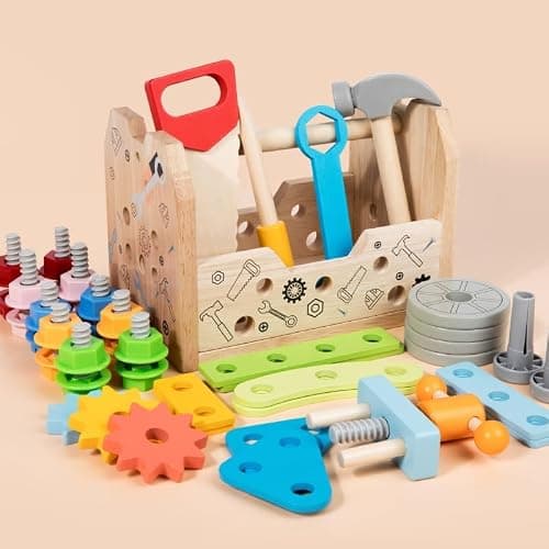 Caisse a Outil Enfant Jouet Enfant 2 Ans, 3 en 1 Boite a Outils Enfant Etabli Enfant Jeux Enfant 3 4 Ans, Jouet en Bois Jouet Montessori Jeu Educatif Cadeau Enfant 2 3 4 Ans(52 Pièces )