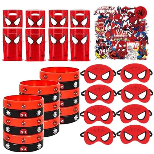 Gxhong Spiderman Cadeaux Fête, 10 Sacs Cadeaux Spiderman, 10 Bracelets Silicone Spiderman, 10 Masques Feutre, 50 Autocollants, für Garçons Filles Spiderman Thème Party Cadeaux