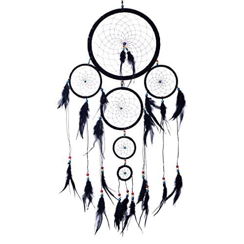 DonDon Taille XXL Attrape-rêves Dreamcatcher avec Perles et Vraies Plumes Noir - Ø 28 cm