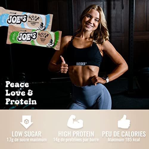 WEIDER Joe's Core Bar, délicieuse barre protéinée au cœur moelleux enrobé de chocolat blanc, barre protéinée avec plus de 31% de protéines, faible teneur en sucre, Goût Chocolat Blanc-Coco, 12 x 45 g