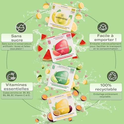 waterdrop® Microdrink Coffret Tropical | 48 waterdrop boisson en cube effervescente | 4 saveurs Avec Thé Glacé CITRON | Extraits naturels de fruits et de plantes | Eau aromatisée en pastille