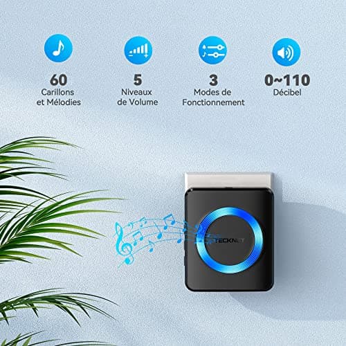 TECKNET Sonnette sans Fil, IP65 Exterieur Étanche Carillon 400 Mètres Two Récepteur Sonnette Electronique, 60 Mélodies 5-Niveaux LED Bleu, pour Maison, Hôtel, Urgence