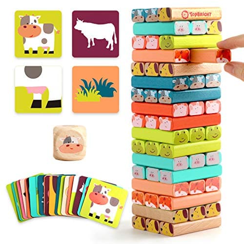 TOP BRIGHT Jouet Tour de Blocs Empilables colorés et Animaux en Bois pour Enfant de 4 5 6 7 8 Ans, 4 en 1 Jeux à Empiler pour Garçon et Fille 3 Ans, Cadeau avec 51 pièces