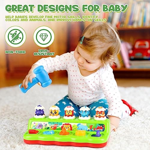 DINORUN Jouet Bebe 1 an, Jouet Montessori Pop Up avec Animaux Musique et Lumières Jeux Enfants 1 2 3 Ans Cadeau Bebe Fille Garcon 6 9 12 18 Mois