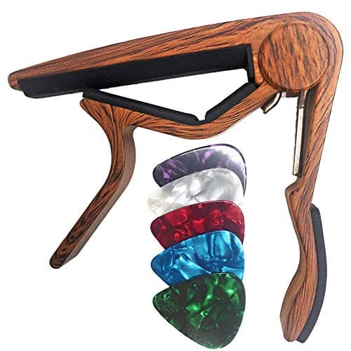 WiNGO Capodastre Guitare, Alliage Flat Classical Capo de Guitare Pour Corde en Nylon Guitare Classique Avec 5 Médiators, Couleur Bois.